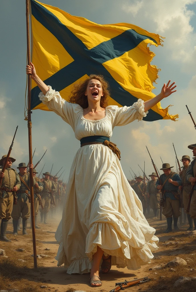 A lady in a war-stained white dress, in the 19th century, with allegories to freedom, in the style of the croix, and carry the flag in the shape of a cross, Swedish style, but with the yellow flag background and the black cross. and appear screaming and furious celebrating freedom on the battlefield, with rifles, dead, cannons, etc.