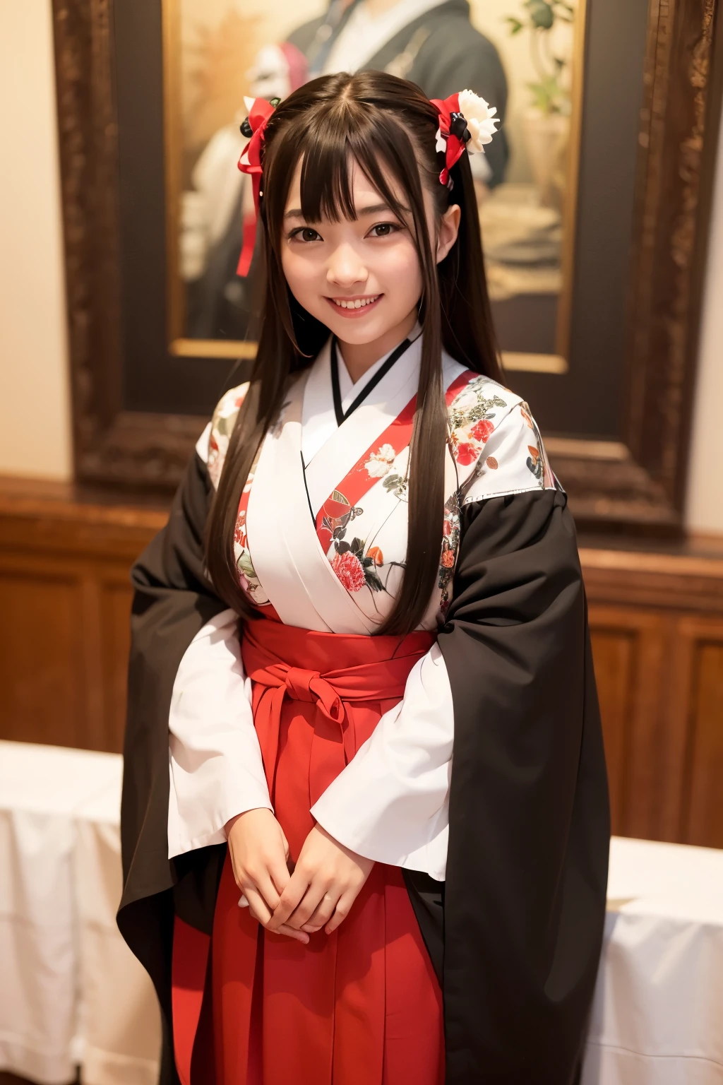 ((Highest quality)), ((masterpiece)), (detailed), One girl, Bangs。Long Black Hair。Real。live-action。Shrine maiden-like costume。looking at the camera。Smiling quietly、