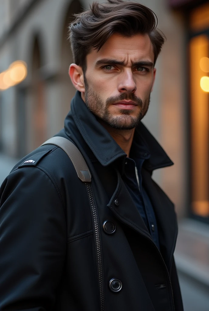 handsome man in jacket looks at camera