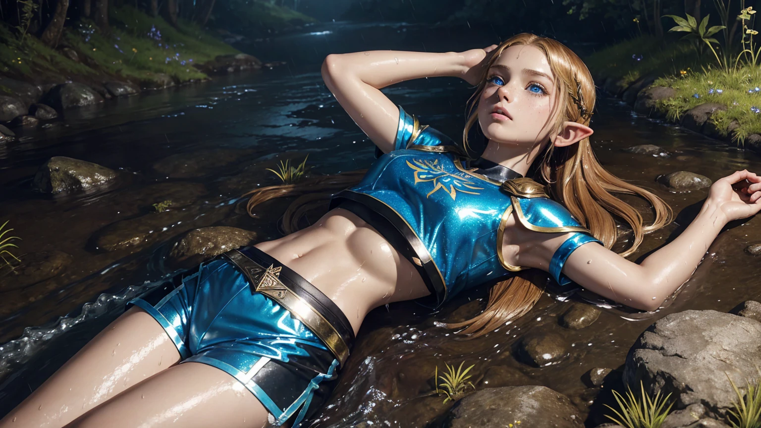 masterpiece. 4k. highly detailed epic fantasy oil painting of beautiful Princess Zelda. sparkly blue eyes, freckles. detailed stylish suit,
shiny reflective leather shorts for the summer. crop top shirt. athletic. Hyrule motif. lying on creek. sweating. rain. river. wet.
from above, eagle eye shot, far shot. wildflowers.