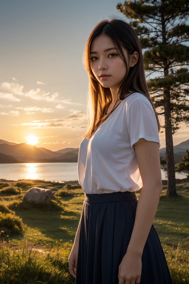 1 girl, happy expression, charming eyes, straight long hair, flowing skirt, big, looking at the sun, calm posture, porcelain-like skin, subtle blush, crystal pendant BREAK Golden Hour, (edge lighting): 1.2, cool colors, sun flare, soft shadows, bright colors, painting effects, fantastic atmosphere BREAK Scenic lakes, distant mountains, pine trees, mountain tops, reflections, sunlit clouds, tranquil atmosphere, idyllic sunrise, Ultra detailed, official art, unified 8k wallpapers, zentangle, mandala