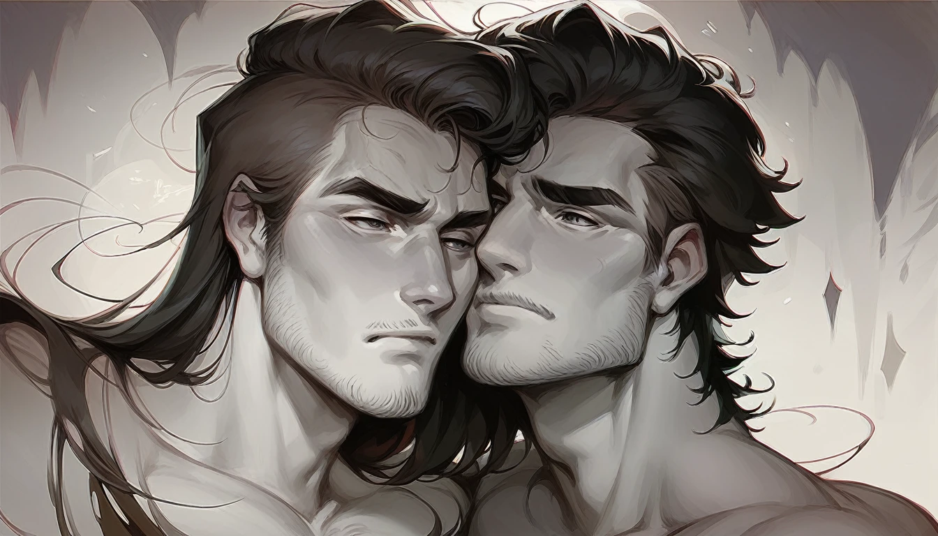 Concept art, man, dark hair,, facial expressions