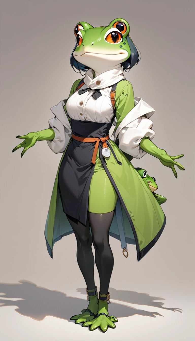 (masterpiece, best quality:1.2), 1 girl, solo, full body, (anthropomorphic Frog, furry, kemono), Full of curiosity, simple background