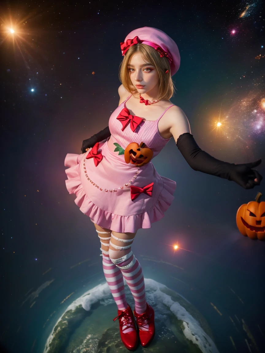 (1 lady), The beautiful, (Best quality at best:1.4), (ultra - detailed), (extremely detailed CG unified 16k), gold blonde hair, very detailed, High-definition RAW color photo, professional photoshooting, amazing face and eyes, cosmetics, (amazingly beautiful girl), ((lambdadelta, taller, tall woman, NOT Dasha Taran)), ((dress, shoes bow, red shoes, striped stockings, red bow, pink hat, necklace, gloves, pearl, pumpkin brooch, pink dress)), levitating in a cute posture (floating in the air), (She's levitating in a cosmic sea, outer space:1.3, quantum hyperspace room lacking walls, hyperspace chamber, extremely detailed background, a lot of details background, realistic background), (look from above), realistic cinematic face, head to feet long wide zoomed out view, full body long view, photorealistic, ((realistic natural blonde hair style, red eyes)), gorgeous, extremely beautiful face, perfect model beauty, pout mouth, Highly Detailed Face and Skin Texture, Detailed Eyes, Double Eyelids, Big Breasts, Persistent Stare, Faith Trance, (mystical stare, looking eternity), (masterpiece), best quality, high resolution, depth of field, cinematic lighting, amazing legs, pink combat boots, clear and well-cared skin
