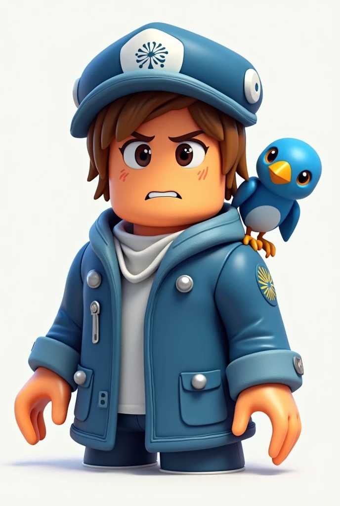 Make for me my Roblox game character with a light orange color, and his clothes he is wearing a blue coat a blue hat with white and a little blue bird on his shoulder and on his coat,and create with expression of doubt