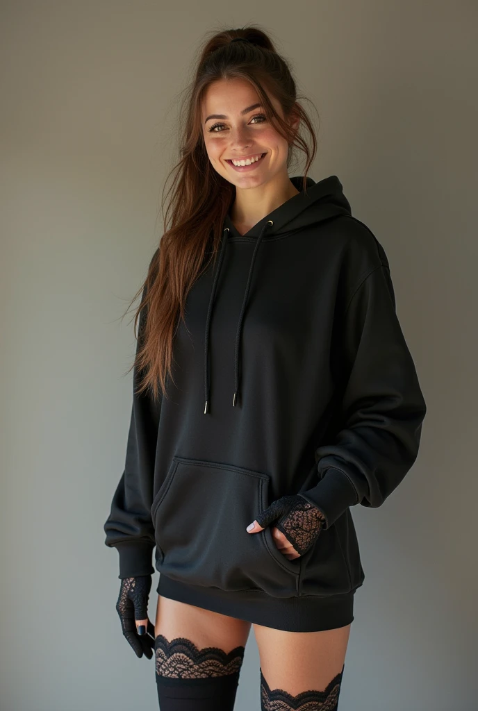 With brown Ponytail、cute face、smiling、she wears a hoodie、Wearing black thighigh socks、Wearing black lace gloves, German woman, Full body view.、
