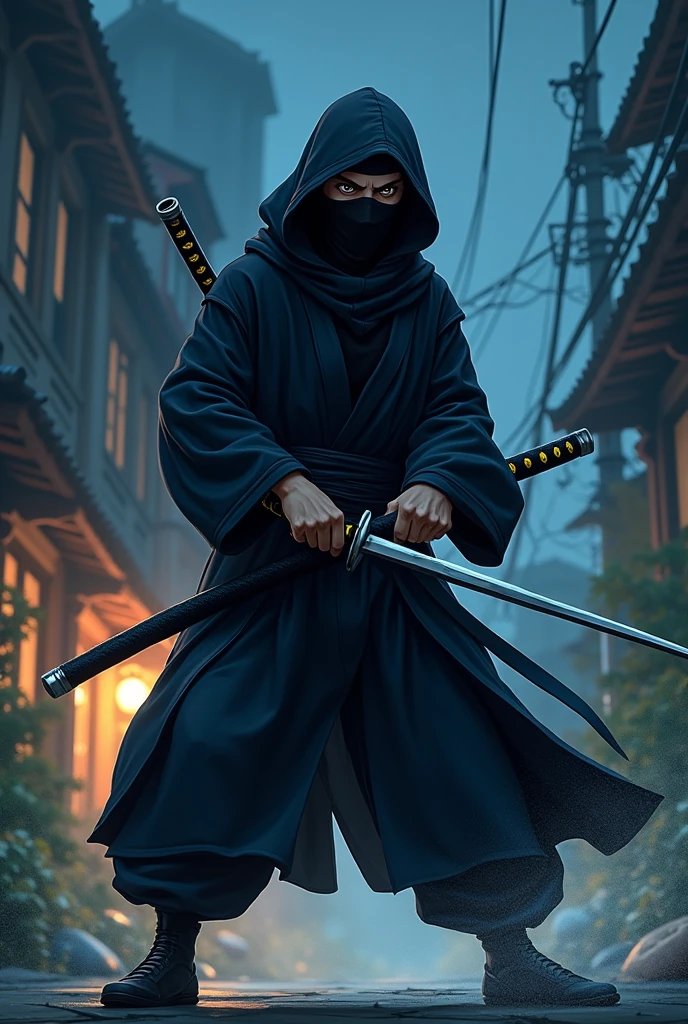 A mask ninja wearing black clok,on her hand japanise Katana anima move picture  in night seen,with anime style 