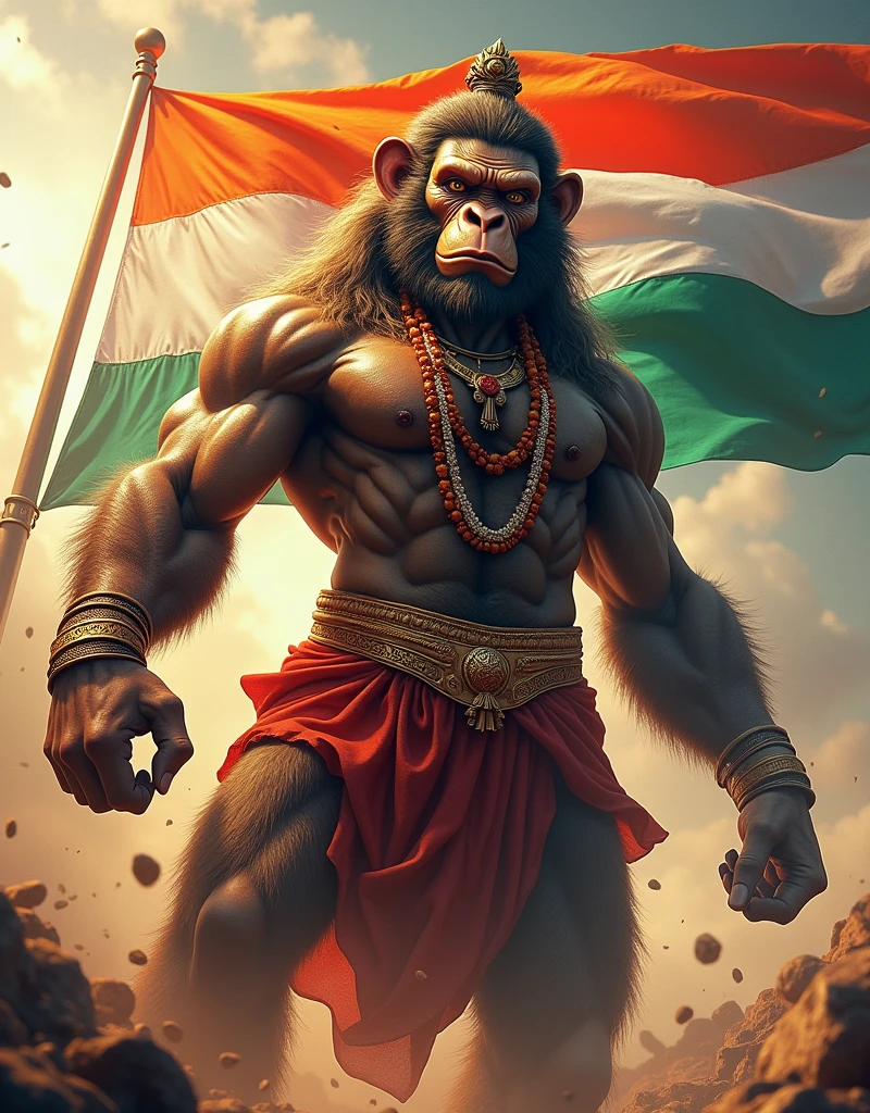 Create an image of Lord Hanuman and monkey face mix. In a powerful and dynamic pose. Behind Him, there should be an Indian flag waving proudly. The background should be filled.