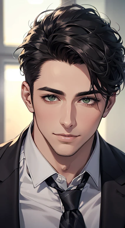 (Highest quality,4K,8K,High resolution,masterpiece:1.2),Super detailed,(Realistic,photoRealistic,photo-Realistic:1.37),1 person,34 years old,Mature Men,Beautiful skin、very handsome,Expressionless smile in love,Short gray Black hair,green eyes,Sharp Eyes,A perfect face without a doubt,Businessman, CEO, Office Background,Cinema Lighting,HDR image,tie、