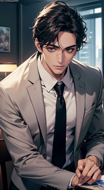 (Highest quality,4K,8K,High resolution,masterpiece:1.2),Super detailed,(Realistic,photoRealistic,photo-Realistic:1.37),1 person,34 years old,Mature Men,Beautiful skin、very handsome,Expressionless smile in love,Short gray Black hair,green eyes,Sharp Eyes,A perfect face without a doubt,Businessman, CEO, Office Background,Cinema Lighting,HDR image,tie、
