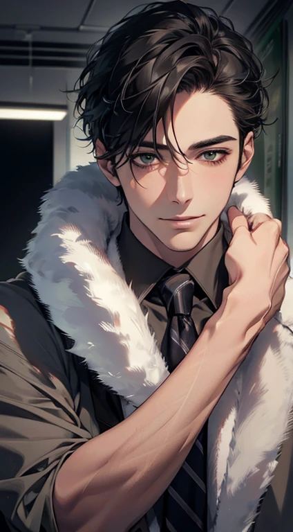 (Highest quality,4K,8K,High resolution,masterpiece:1.2),Super detailed,(Realistic,photoRealistic,photo-Realistic:1.37),1 person,34 years old,Mature Men,Beautiful skin、very handsome,Expressionless smile in love,Short gray Black hair,green eyes,Sharp Eyes,A perfect face without a doubt,Businessman, CEO, Office Background,Cinema Lighting,HDR image,tie、