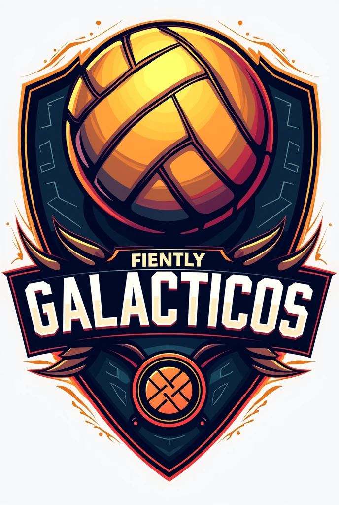 A volleyball on top of a shield, beautiful and vivid colors, written on the shield the word Galacticos in clear writing , to put on a shirt
