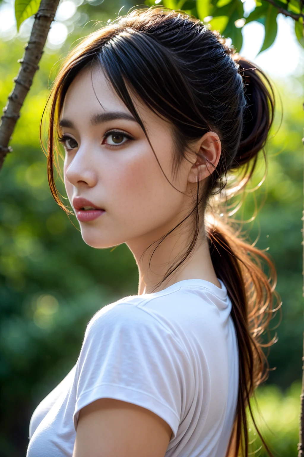 (masterpiece, best quality), a woman in a sexy t-shirt, looking from the side, with a ponytail, detailed face, beautiful eyes, long eyelashes, delicate nose, full lips, detailed clothing, photorealistic, highly detailed, cinematic lighting, warm color tones, natural skin tones, dynamic pose, outdoor environment, lush vegetation, sun rays, realistic textures