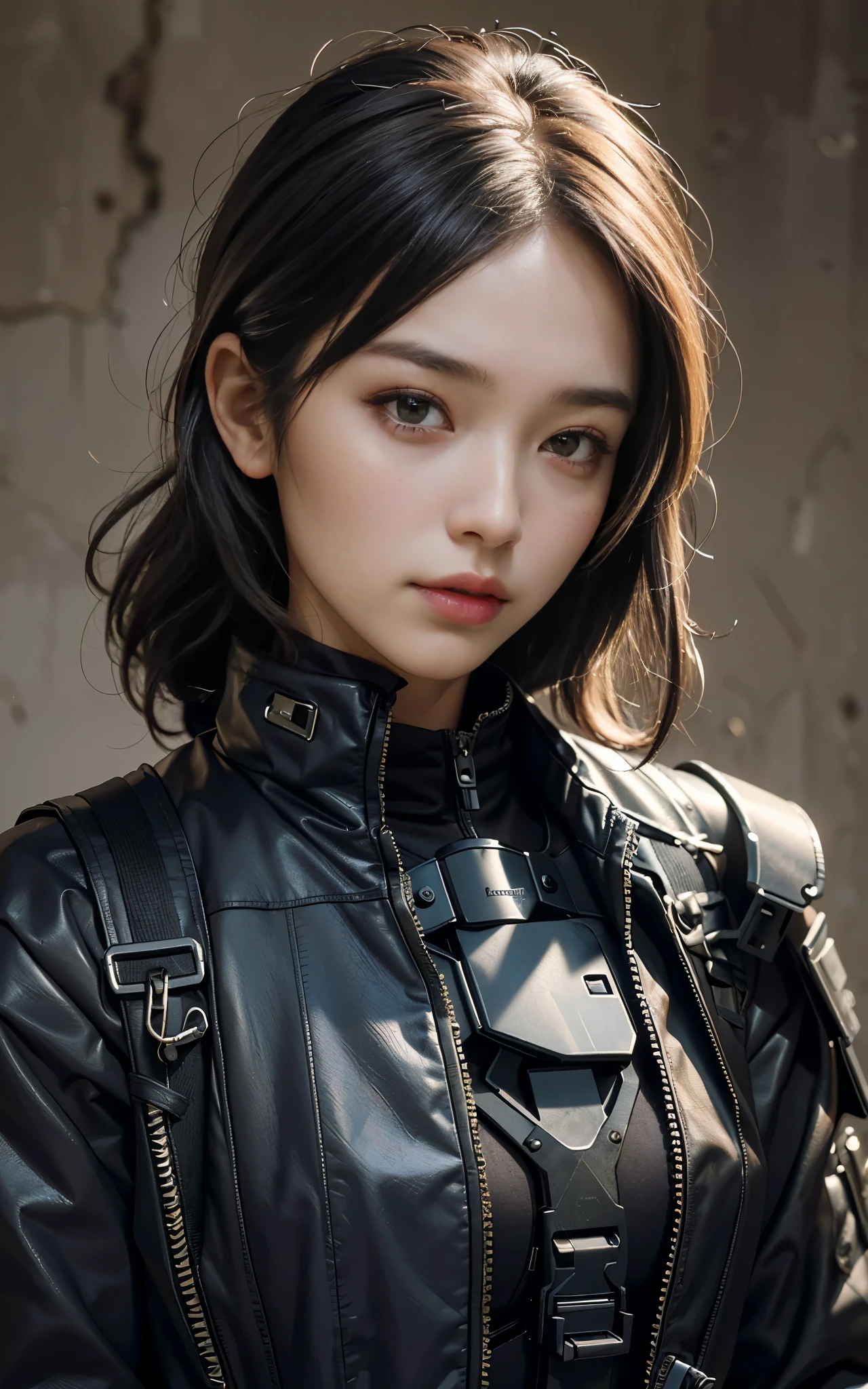 ((Best Quality, 8K, Masterpiece: 1.3, best quality)), photorealistic, photorealism, high resolution, ((face close up:1.2)), (detailed face skin, reallistic, Photorealsitic:1.37), face of 1girl, japanese, looking at the viewer, (Detailed face), medium long hair, (wearing dark rubber suit, tactical vests, military harness, high-tech headset), concrete wall background,
