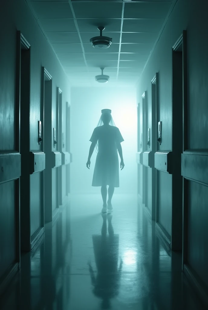 A hospital corridor seen by a security camera. In this corridor there are 3 open doors on each side. A transparent woman in white nurse's clothes comes out of the first door on the right and enters the first door on the left..