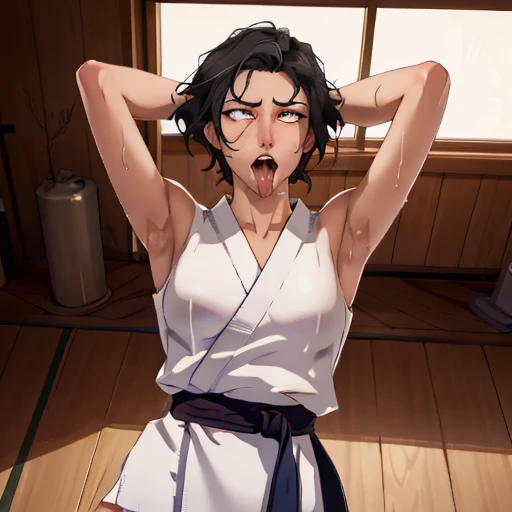 ((((masterpiece, best quality, high resolution)))), Extremely detailed 8K, 1 female, wearing a white Karate gi, (ahegao),white eyes, Small breasts, sash, japanese clothes, No underwear,No eyeballs, Facing the audience, looking at the audience, tired, from below, (Exposed armpit:1.1), ((armpit:1.2)), sexy, Sweating, More and more sweat,(ahegao), (Roll your eyes), open mouth, Sticking out tongue, saliva, Slobber,Skinny, raise arms, (arms above head:1.5)(Ultra HD, Ultra-detailed, Highly detailed, Highly realistic, Ultra-realistic, photograph realistic), (1girl:1.5), (Realistic black hair), (dynamic poses), facing at camera, looking at viewer, (slightly serious face), (perky breasts:1.2), (beautiful detailed face, beautiful detailed eyes), ((worn out karate gi)), (preparing for a fight), sweat, glow, (sunbeam, sunlight), ((cowboy shot)), inside a training gym, seductive, EnvyBetterHands LoCon,