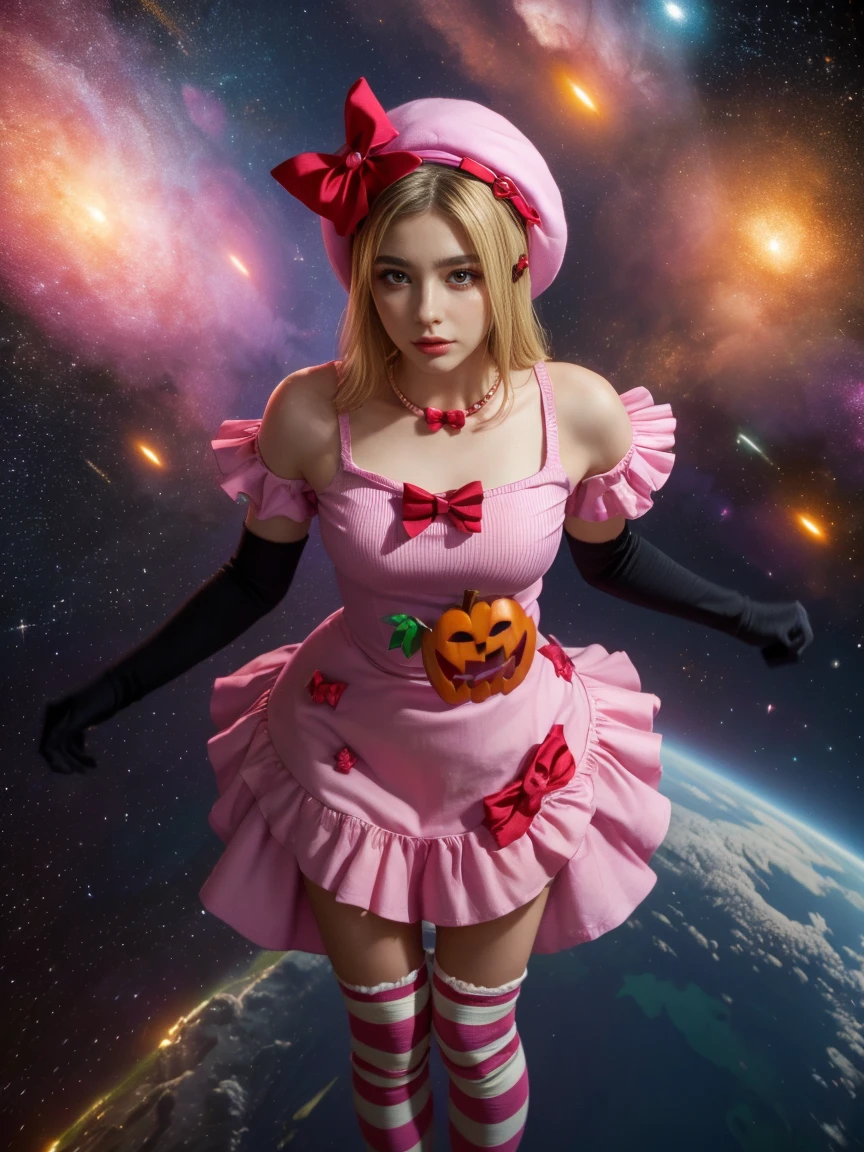 (1 lady), The beautiful, (Best quality at best:1.4), (ultra - detailed), (extremely detailed CG unified 16k), gold blonde hair, very detailed, High-definition RAW color photo, professional photoshooting, amazing face and eyes, cosmetics, (amazingly beautiful girl), ((lambdadelta, taller, tall woman, NOT Dasha Taran)), ((dress, shoes bow, red shoes, striped stockings, red bow, pink hat, necklace, gloves, pearl, pumpkin brooch, pink dress)), levitating in a cute posture (floating in the air), (She's levitating in a cosmic sea, outer space:1.3, quantum hyperspace room lacking walls, hyperspace chamber, extremely detailed background, a lot of details background, realistic background), (look from above), realistic cinematic face, head to feet long wide zoomed out view, full body long view, photorealistic, ((realistic natural blonde hair style, red eyes)), gorgeous, extremely beautiful face, perfect model beauty, pout mouth, Highly Detailed Face and Skin Texture, Detailed Eyes, Double Eyelids, Big Breasts, Persistent Stare, Faith Trance, (mystical stare, looking eternity), (masterpiece), best quality, high resolution, depth of field, cinematic lighting, amazing legs, pink combat boots, clear and well-cared skin