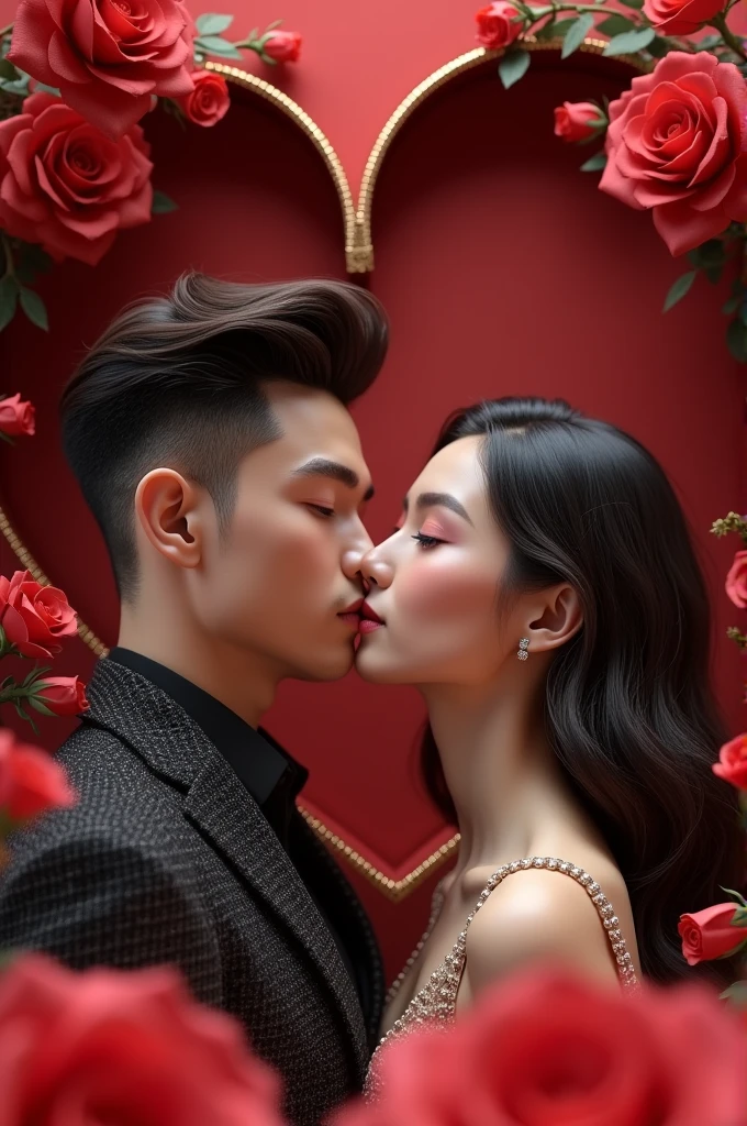 A young man with the initial "in" and a girl with initial "and" on a custom 3D background of red roses and hearts and with fashionable clothes