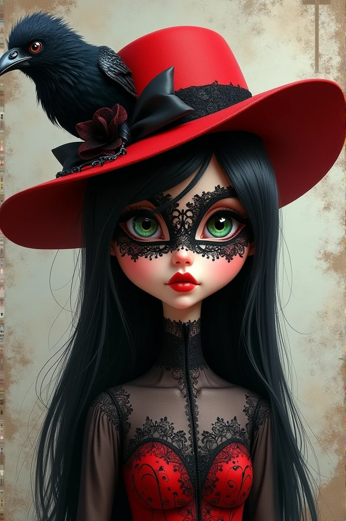 **4d caricature of big headed, realistic beautiful woman, long black hair, green eyes, wearing a red hat with a black raven on it, black ribbon & big black feather, she wears a black & red lacy half mask with intricate patterns, she has matte lips bright red, black & red lace dress with high lace collar, black boots background Innovative street art in calm gray style, iconic portraits, torn paper, fragmented shapes, hyper-realism with intricate details, complementary colors, soft lighting, ultra-clear textures,uhd,16k**