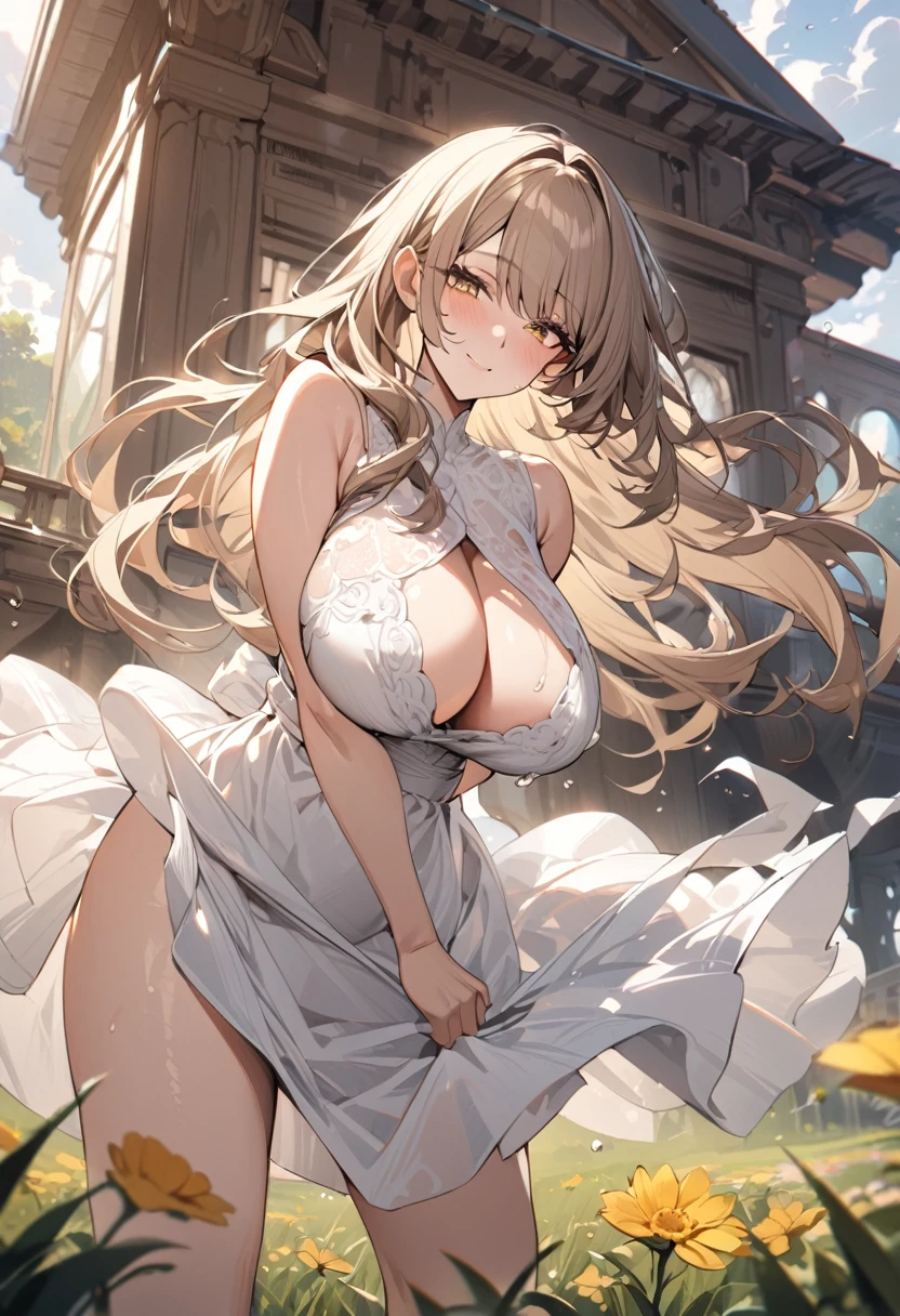 1girl, looking at viewer, standing elegantly, white summer dress, light dress, short dress,  mini dress, yellow flower patterned dress, wide skirt, light smile, mature female, light brown hair, long hair, bangs, (masterpiece best quality:1.2) delicate illustration ultra-detailed, large breasts, big breasts, Bursting Breasts, Spilling Out, BREAK (luxurious venue) outdoors, meadow, detailed background, cowboy shot