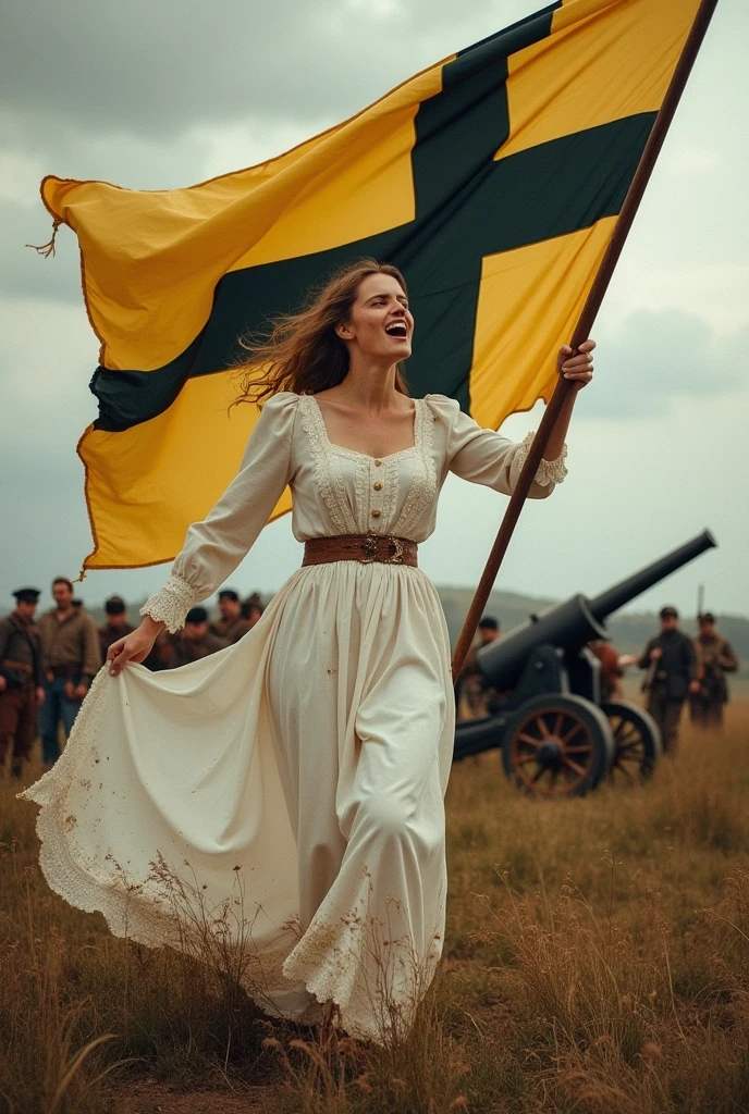 A lady in a war-stained white dress, in the 19th century, with allegories to freedom, in the style of the croix, and carry the flag in the shape of a cross, Swedish style, but with the yellow flag background and the black cross. and appear screaming and furious celebrating freedom on the battlefield, with rifles, dead, cannons, etc.