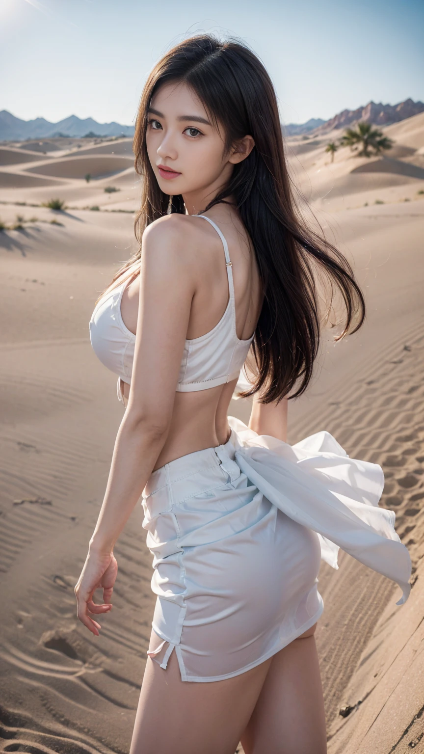Real-world situations,In the desert,On the sand dunes,Desert Area,beautiful young asian girl,26 years old,Whitening & supple skin,Wear a sheer, transparent skirt,Tulle material,scarf,A strong wind blew the sheer skirt.,A very long, flowing, sheer skirt,Float in the air,Show off the perfect figure of a woman.,ก้นbigและกลม,Butt cocked,หน้าอกbigตรง,Appearing,The outlines of the pubic bone and vagina are clearly visible.,ช่องว่างbigบริเวณโคนต้นขา,The abalone veins are distinct and prominent.,big ,The target area shines with light,Sunlight on the face,high-heels,Elegant and luxurious,Highly detailed facial features,real skin texture,Detailed finger details,People are in sharp focus,Professional Sony camera,wide angle,Towering Western architecture,best results,More complex details,Highest resolution quality 8k,HD quality,extreme color saturation,clarity,Ray Tracing,High quality finger details