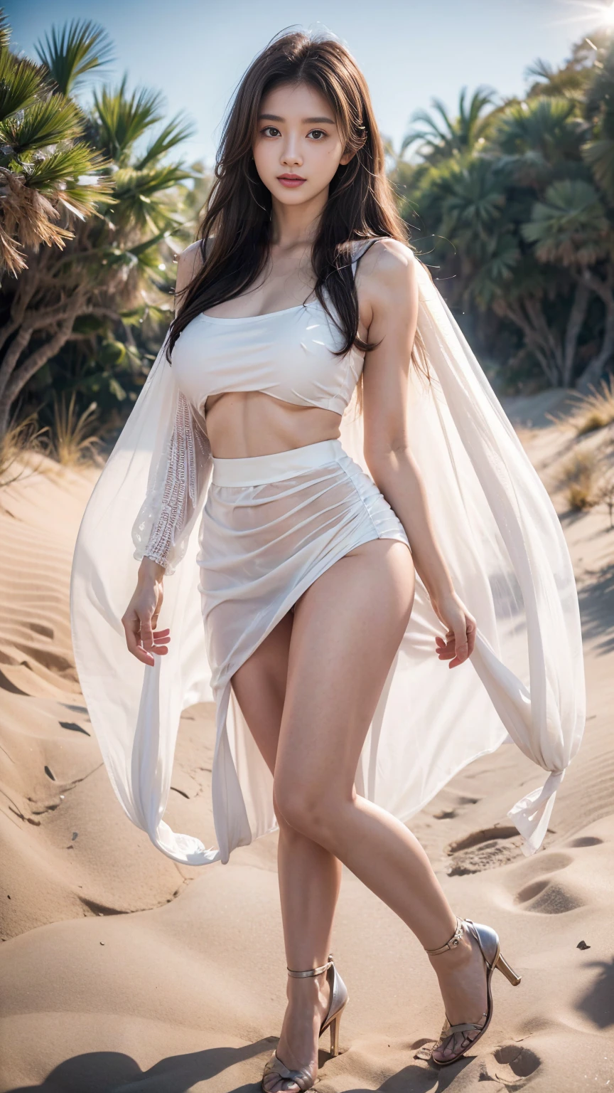 Real-world situations，In the desert，On the sand dunes，Desert Area，beautiful young asian girl，26 years old，Whitening & supple skin，Wear a sheer, transparent skirt，Tulle material，scarf，A strong wind blew the sheer skirt.，A very long, flowing, sheer skirt，Float in the air，Show off the perfect figure of a woman.，ก้นbigและกลม，Butt cocked，หน้าอกbigตรง，Appearing，The outlines of the pubic bone and vagina are clearly visible.，ช่องว่างbigบริเวณโคนต้นขา，The abalone veins are distinct and prominent.，big ，The target area shines with light，Sunlight on the face，high-heels，Elegant and luxurious，Highly detailed facial features，real skin texture，Detailed finger details，People are in sharp focus，Professional Sony camera，wide angle，Towering Western architecture，best results，More complex details，Highest resolution quality 8k，HD quality，extreme color saturation，clarity，Ray Tracing，High quality finger details