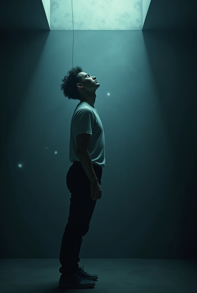 A young man floating inside a dark room and listening to music