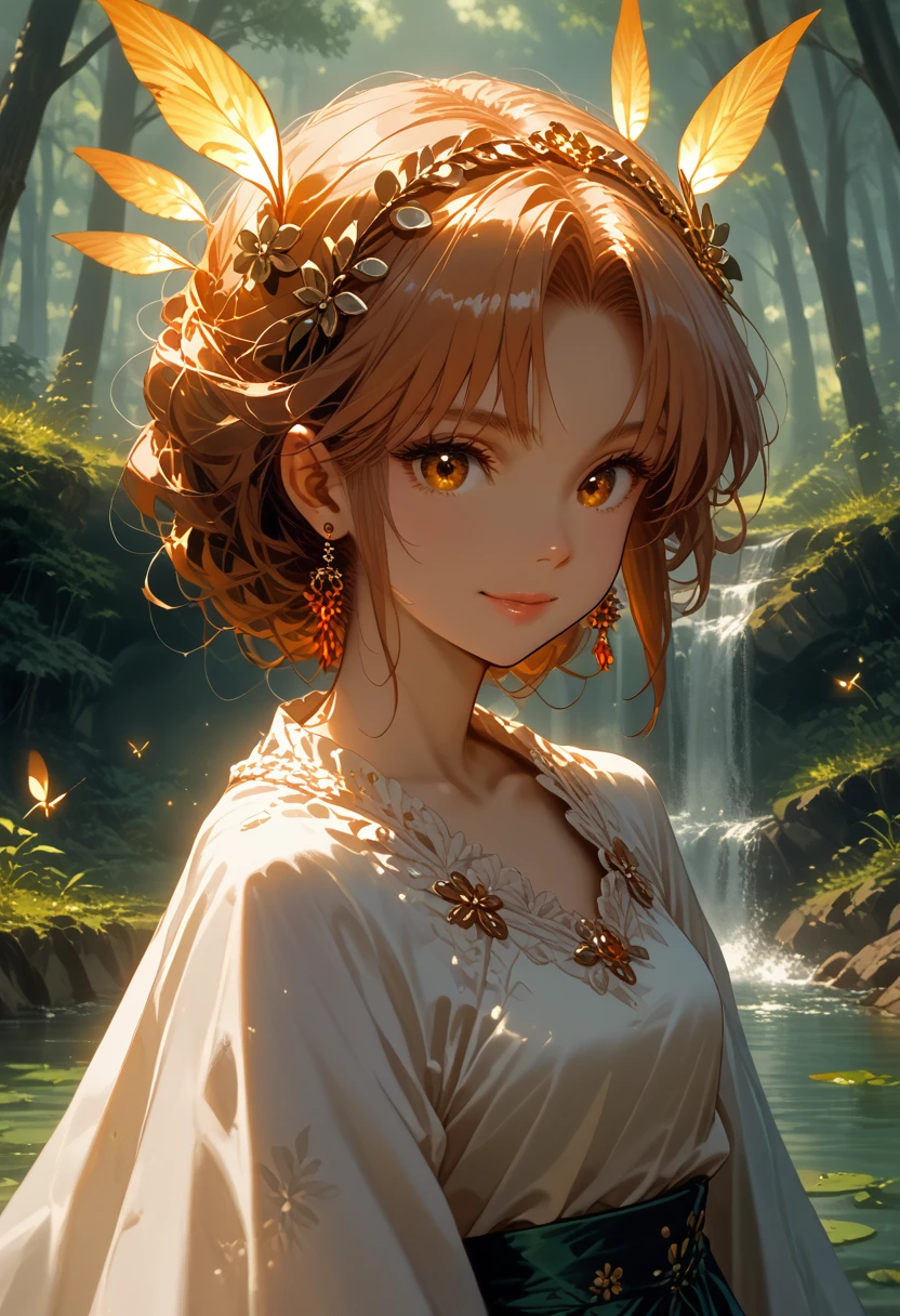 1Young woman, smile, high definition image, Young woman, Her hair is adorned with glowing fireflies, eyes shine with charm. Dressed in a dress, woven from moonlight., She stands in a mystical forest, where trees come alive. scene, bathing in the unearthly glow of fireflies, captured in the style of a magical forest arдваждыork., (masterpiece, Best quality, official art,complex parts:1.2), Shine, cinematic film still,score_9,score_8_up,score_7_up,masterpiece,best quality,8k,source_cartoon,source_アニメ