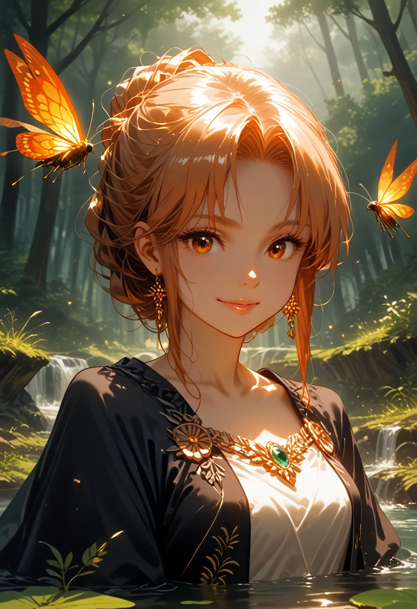 1Young woman, smile, high definition image, Young woman, Her hair is adorned with glowing fireflies, eyes shine with charm. Dressed in a dress, woven from moonlight., She stands in a mystical forest, where trees come alive. scene, bathing in the unearthly glow of fireflies, captured in the style of a magical forest arдваждыork., (masterpiece, Best quality, official art,complex parts:1.2), Shine, cinematic film still,score_9,score_8_up,score_7_up,masterpiece,best quality,8k,source_cartoon,source_アニメ