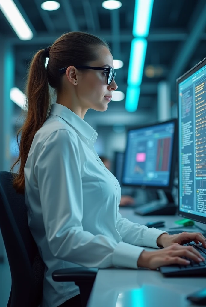 in a laboratory of machines with advanced technology;computers,and assistants ; as a woman with wise appearance and office girl; presenting the scenario in which there are people working with AI