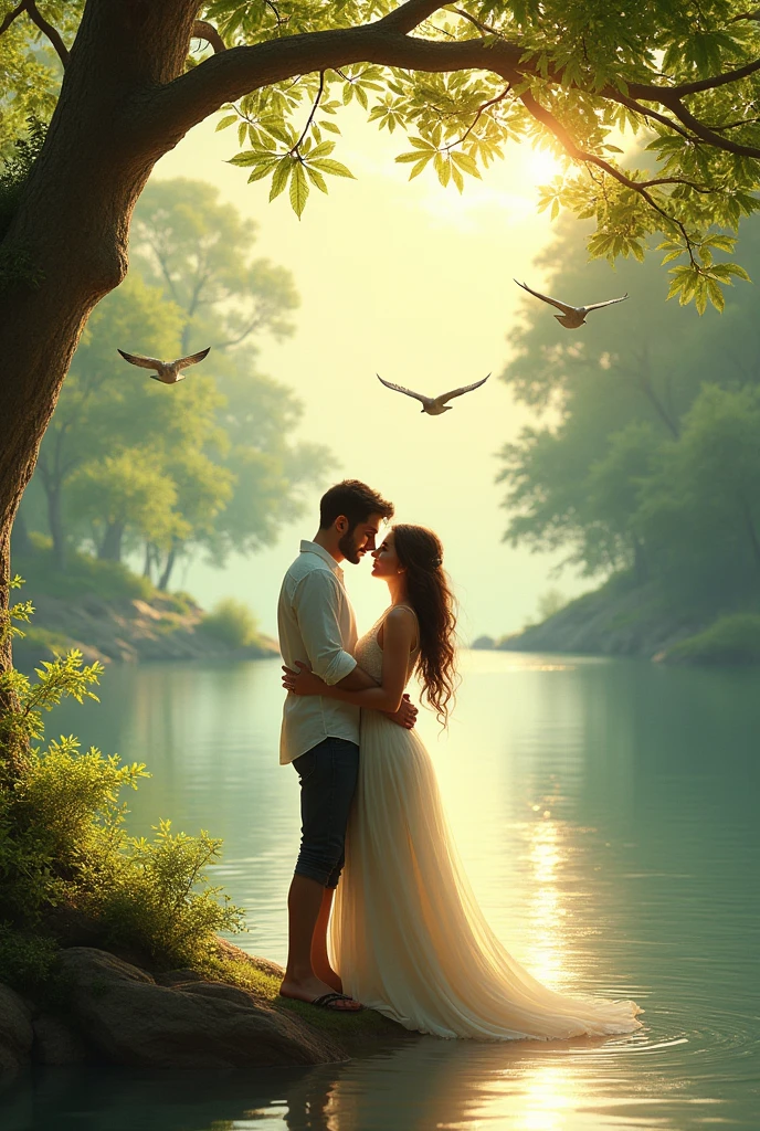 Two lover and near the river and bird are flying over the tree