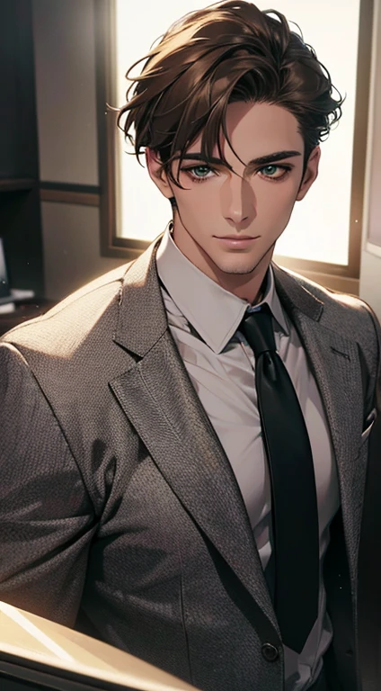 (Highest quality,4K,8K,High resolution,masterpiece:1.2),Super detailed,(Realistic,photoRealistic,photo-Realistic:1.37),1 person,34 years old,Mature Men,Beautiful skin、very handsome,Expressionless smile in love,Short gray Brown hair,green eyes,Sharp Eyes,A perfect face without a doubt,Businessman, CEO, Office Background,Cinema Lighting,HDR image,tie、