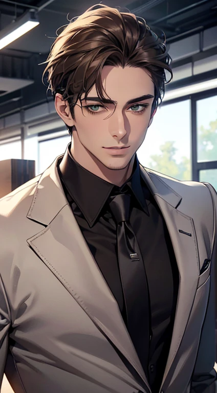 (Highest quality,4K,8K,High resolution,masterpiece:1.2),Super detailed,(Realistic,photoRealistic,photo-Realistic:1.37),1 person,34 years old,Mature Men,Beautiful skin、very handsome,Expressionless smile in love,Short gray Brown hair,green eyes,Sharp Eyes,A perfect face without a doubt,Businessman, CEO, Office Background,Cinema Lighting,HDR image,tie、