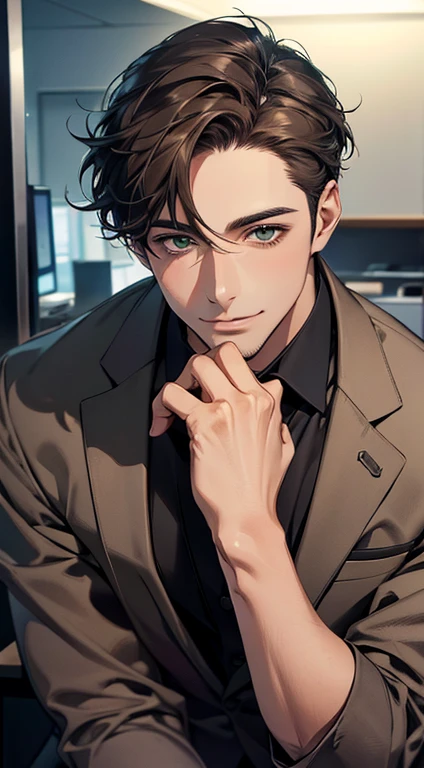 (Highest quality,4K,8K,High resolution,masterpiece:1.2),Super detailed,(Realistic,photoRealistic,photo-Realistic:1.37),1 person,34 years old,Mature Men,Beautiful skin、very handsome,Expressionless smile in love,Short gray Brown hair,green eyes,Sharp Eyes,A perfect face without a doubt,Businessman, CEO, Office Background,Cinema Lighting,HDR image,tie、