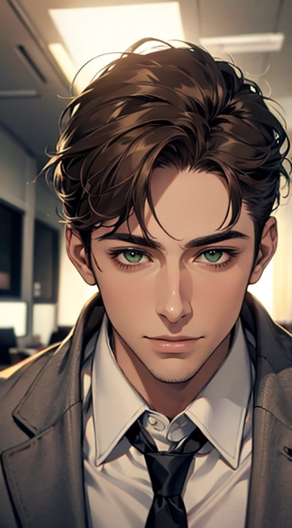(Highest quality,4K,8K,High resolution,masterpiece:1.2),Super detailed,(Realistic,photoRealistic,photo-Realistic:1.37),1 person,34 years old,Mature Men,Beautiful skin、very handsome,Expressionless smile in love,Short gray Brown hair,green eyes,Sharp Eyes,A perfect face without a doubt,Businessman, CEO, Office Background,Cinema Lighting,HDR image,tie、