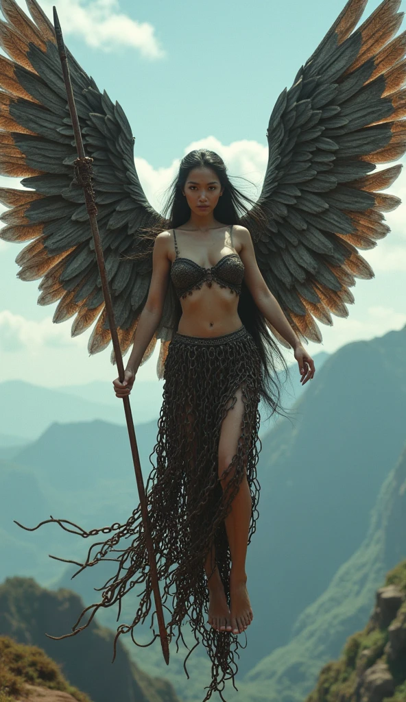 Sci-fi fantasy, cenematic, Naked, nude, topless, A woman wearing a shawl made of iron, big and sexy breasts, super sexy, beautiful, with wings like the Indonesian garuda, made of iron, holding a spear, wearing a white skirt of very long chains dull rust, above the sky, flying over the mountains, hovering, with a shooting angle from the front, very realistic, (complex detail: 0. 9), (hdr, hyperdetail: 1.2), RAW, Sony Alpha a9 II, 24-105mm f/4, HDR, indonesian woman