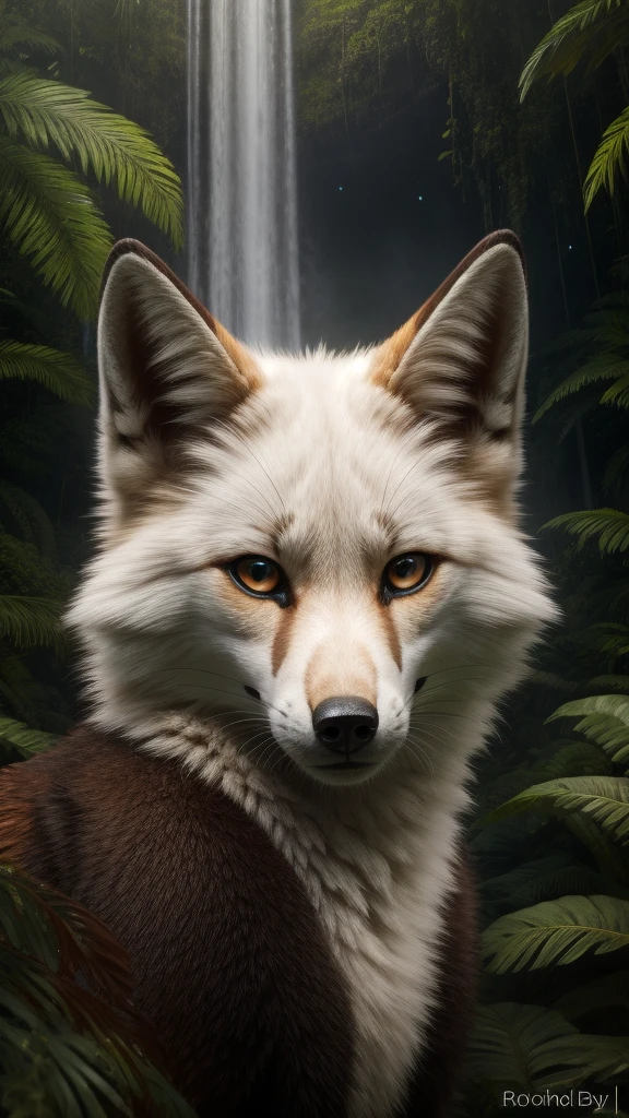 White fox Looking at the camera and an Amazon rainforest