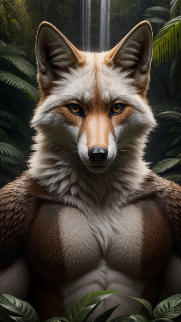 White fox Looking at the camera and an Amazon rainforest 