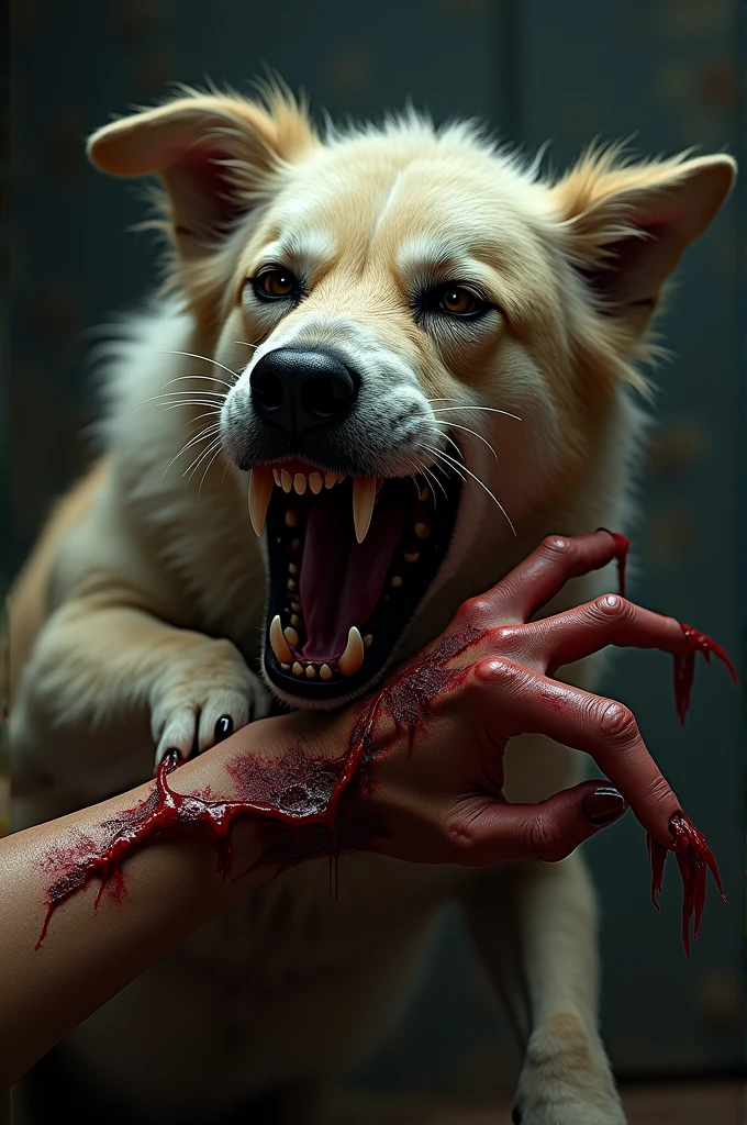 Head of a rabid dog with a torn arm in its mouth