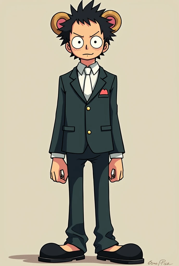 Um personagem de One Piece, that has bear ears, He is 2 meters and 30 centimeters tall and wears a suit with a white tie and black slippers. He is not very fat and only has bear ears, spiky hair and big, round eyes.. It&#39;s an anime character who wears slippers. He is tall
