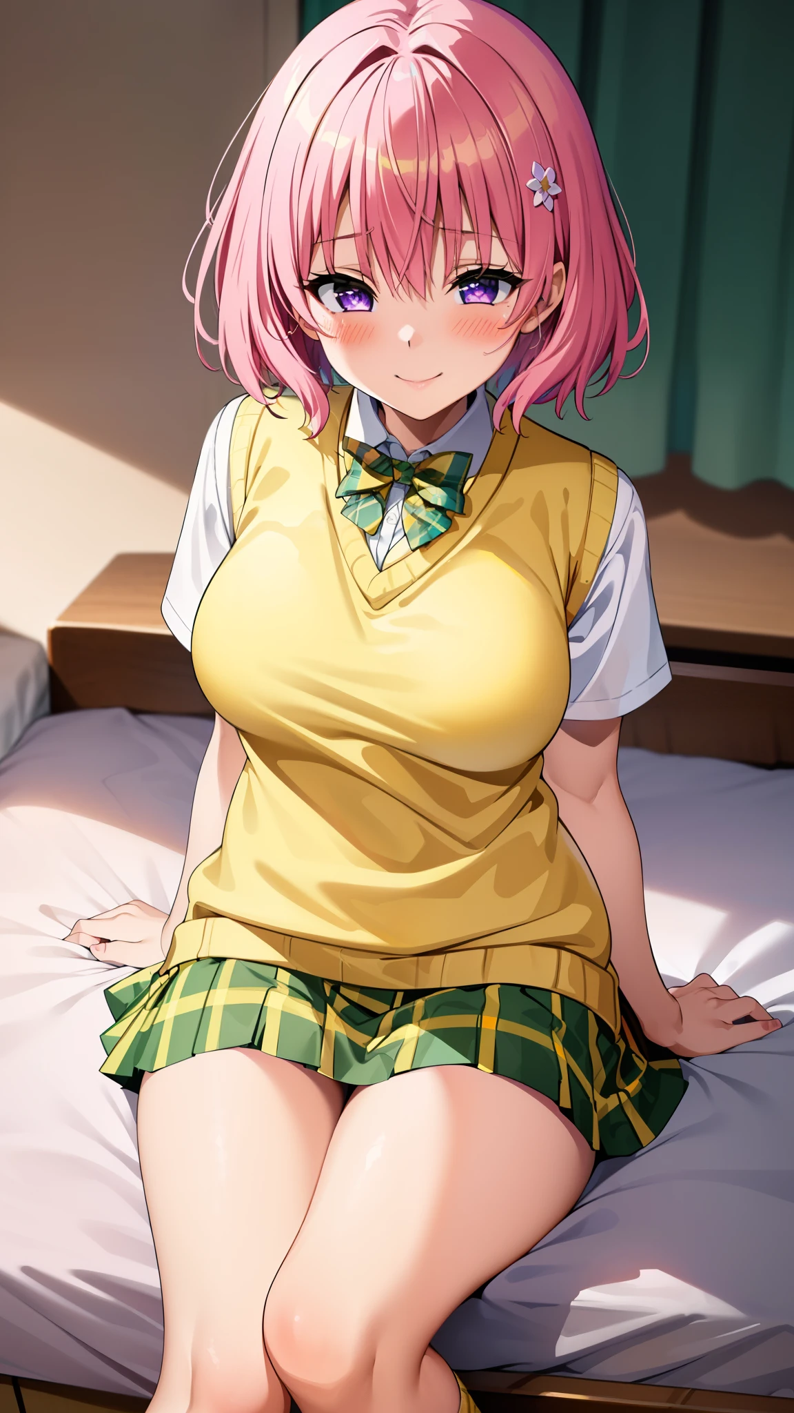 8k,Highest,quality,(highest quality:1.1), (masterpiece:1.4), (Confused:1.0),
1 girl, momo velia deviluke, hair ornaments, Bobcut, Short Hair Pink Hair, Purple eyes, Large Breasts, green skirt, Plaid, Plaid skirt, Sainan High School uniform, skirt, Sweater vest, Knee socks, socks ,(Yellow Sweater:1.5), Short sleeve,((White bed)),((In her room)), (blush:1.2), smile,(Perfect Fingers),mesugaki,