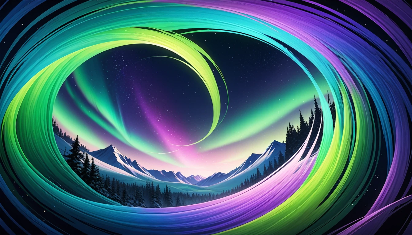 Create an abstract background inspired by the Northern Lights, featuring flowing ribbons of green, purple, and blue. Include subtle star-like glimmers to enhance the celestial ambiance.