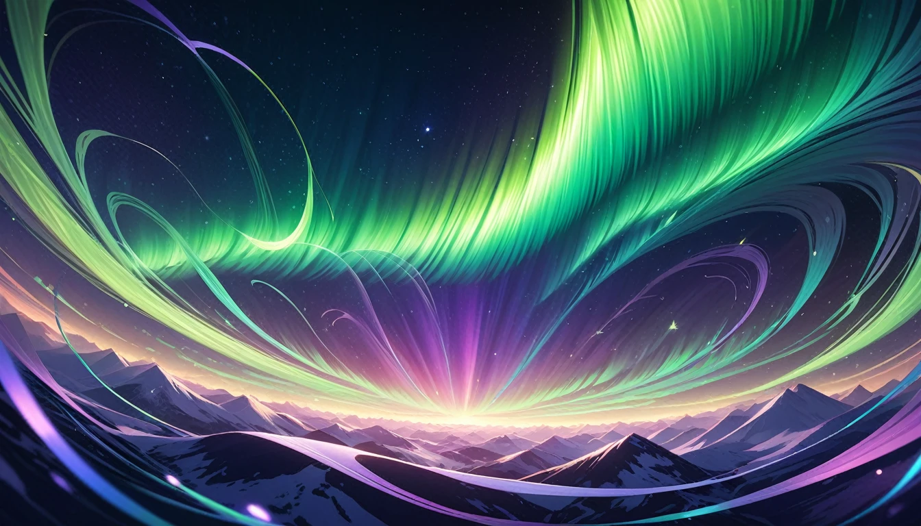 Create an abstract background inspired by the Northern Lights, featuring flowing ribbons of green, purple, and blue. Include subtle star-like glimmers to enhance the celestial ambiance.