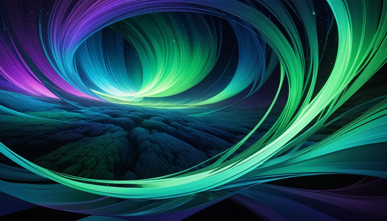 Create an abstract background inspired by the Northern Lights, featuring flowing ribbons of green, purple, and blue. Include subtle star-like glimmers to enhance the celestial ambiance.