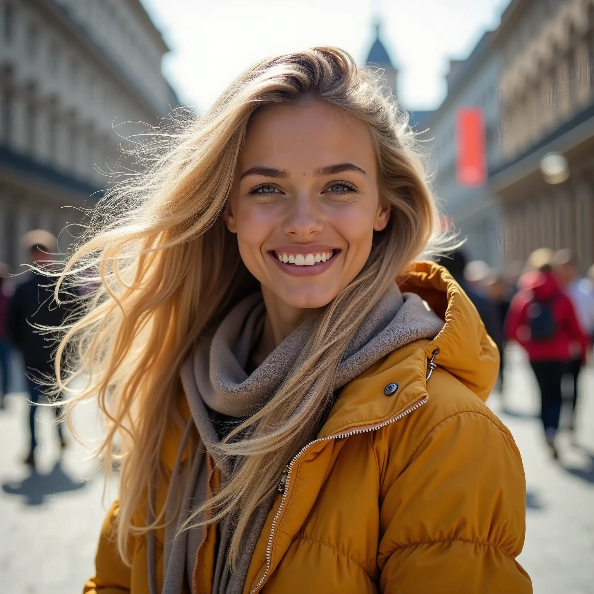 Generates a selfie of a 20-year-old Scandinavian woman, golden fur, in the zocalo of mexico city. with sports clothes, smiling