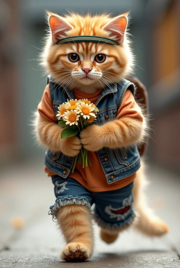 "A cute and determined cat puppy dressed in a torn vest, in his hands a bouquet of flowers, shorts and a headband, is walking in a solid place. The cat's fur is fluffy and well-groomed, which adds a touch of charm to your fierce training session.