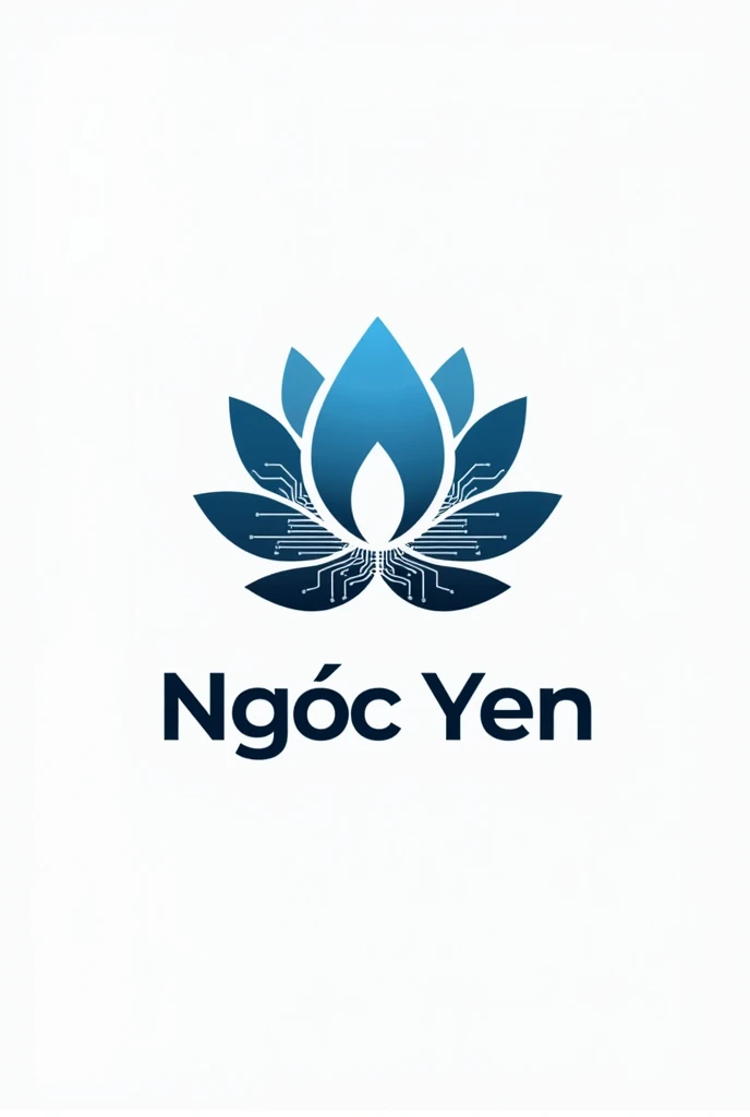 Prompt for AI Logo Design Tool:Logo Name: Ngoc YenTheme: Spiritual and TechnologicalDescription: Design a logo that merges spiritual and technological elements. The icon should feature a modern, geometric lotus flower intertwined with a digital circuit pattern. Use cool blue for the lotus, black for the circuit pattern, and white for the text “Ngoc Yen.” The design should be clean and professional, with the icon and text balanced. Ensure the text stands out clearly against the design elements.Keywords: Lotus, Circuit, Geometric, Modern, Digital, Cool Blue, White, BlackColor Scheme:Cool Blue: For the lotus and primary design elements.Black: For the circuit pattern and accents.White: For the text “Ngoc Yen.”Typography: Choose a sleek, modern sans-serif font for the text in white.Output Format: PNG
