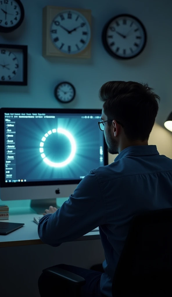 A person sitting at a desk, looking frustrated while waiting for a website to load on their computer. The loading icon spins endlessly on the screen. The background shows clocks or hourglasses to emphasize the passage of time. The scene is set in a modern home office with dim lighting to highlight the slow, tedious atmosphere.