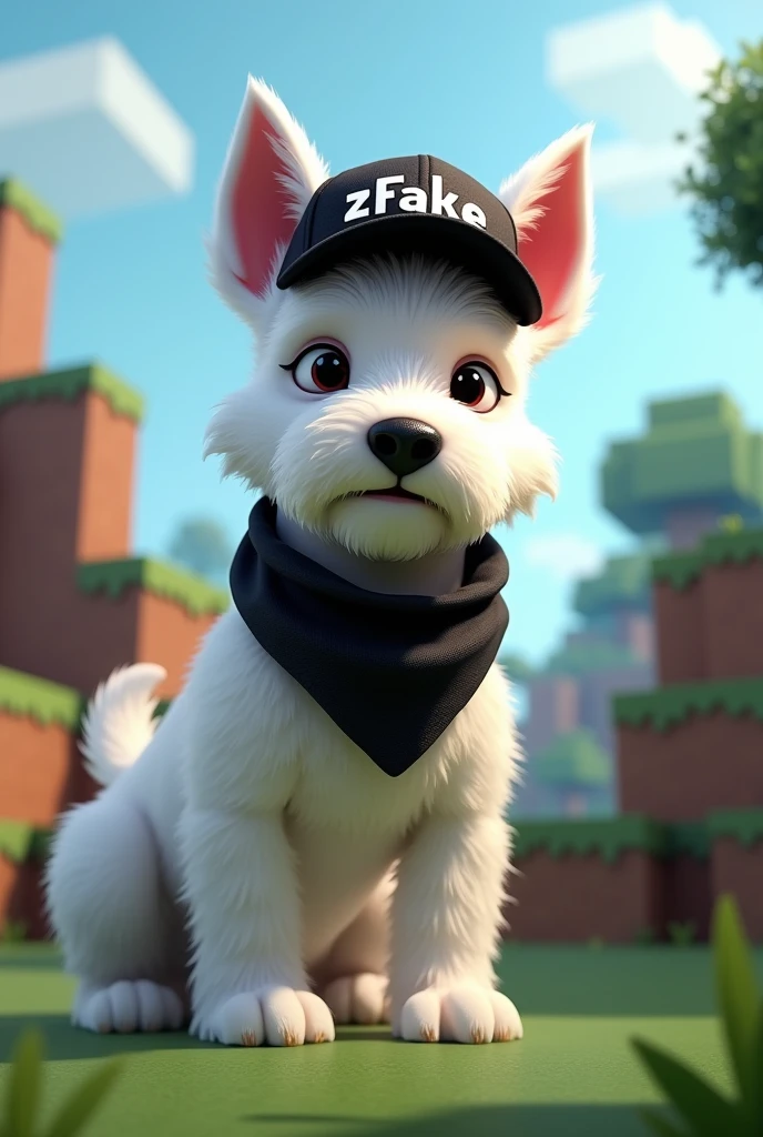 White terrier dog, brave white color, with a black bandana with white in the mouth and a black cap backwards saying zFake and a Minecraft background